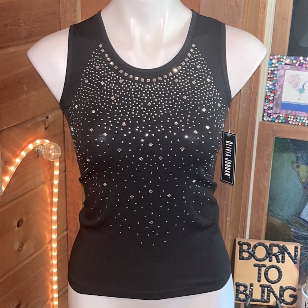 OLIVIA JORDAN STUNNING NWT BLACK TANK STYLE TOP TOTAL SPARKLE FRONT POLY/spandex